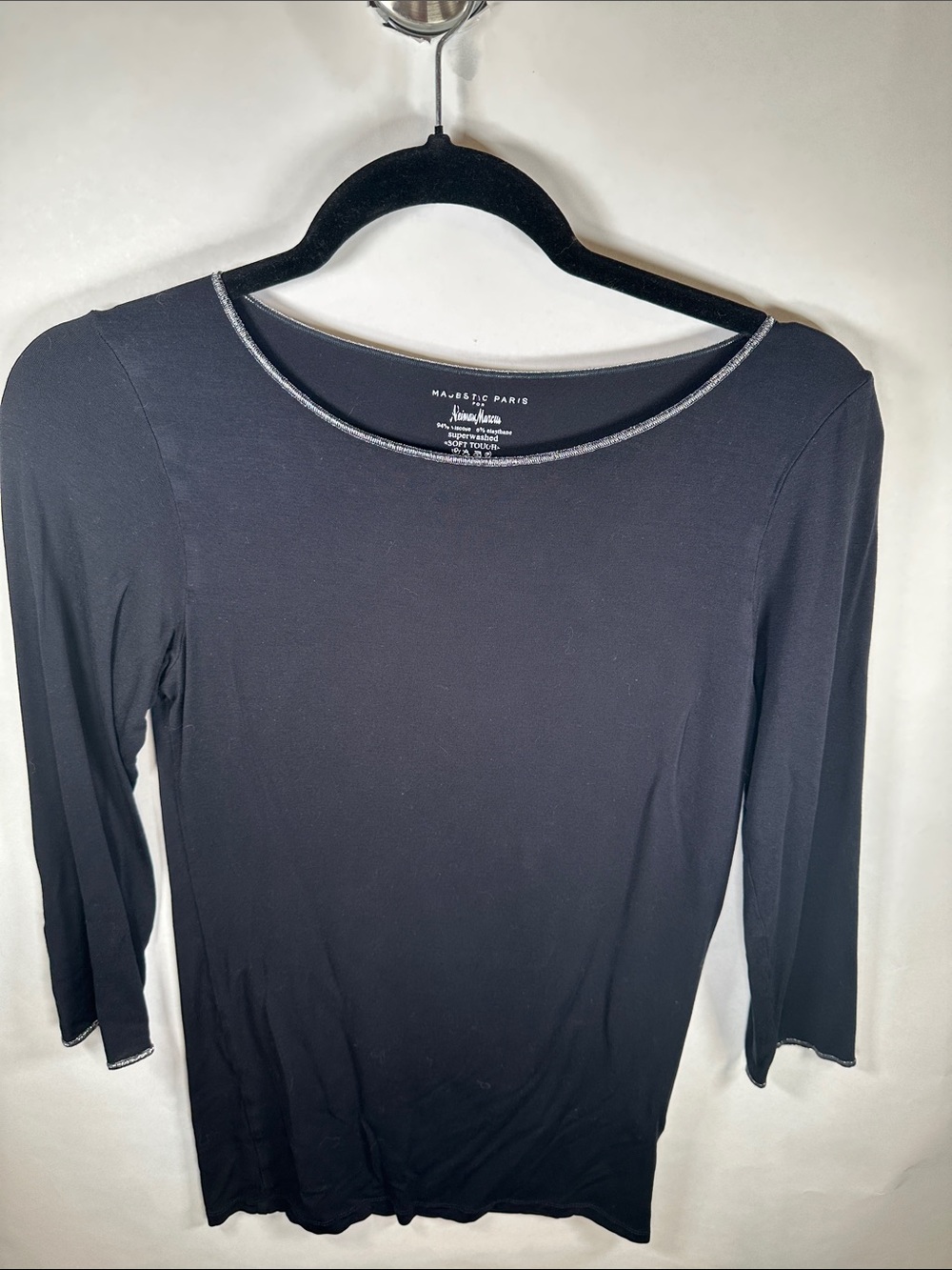 Neiman Marcus Black Quarter Sleeve Scoop Neck Top with Silver Trim